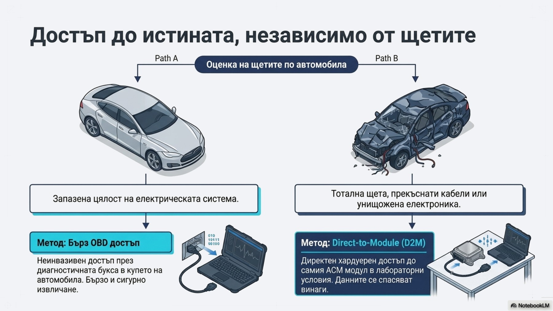 Два метода за достъп: през диагностичния порт при запазена електроника и директно от модула при тотална щета