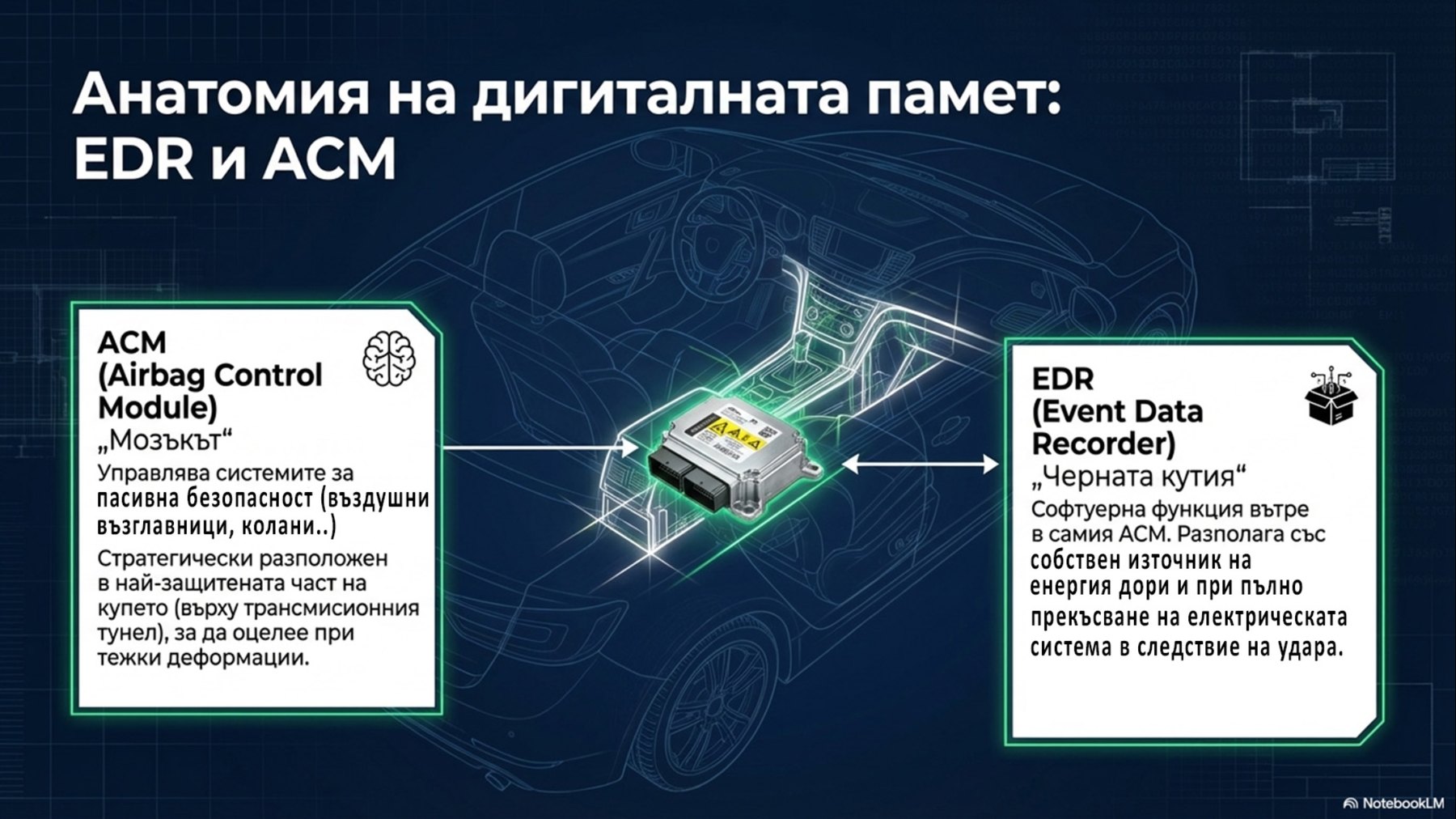 Схема на автомобил с модула на въздушните възглавници (ACM) и регистратора на събития (EDR)