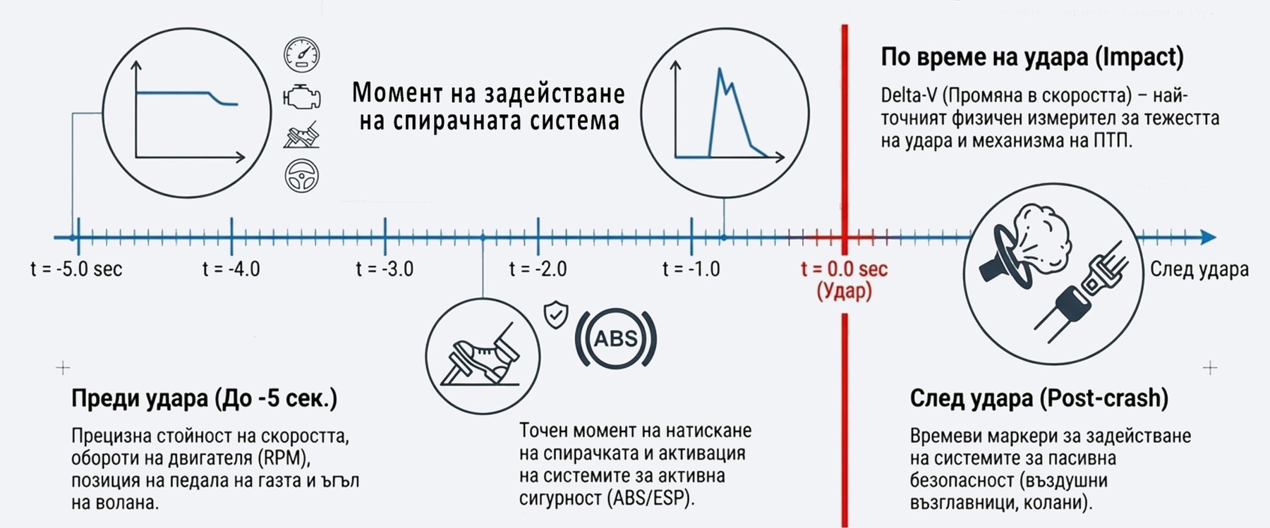 Времева линия от −5 s до удара: скорост, обороти, газ и волан преди удара, спиране и ABS/ESP, Delta-V при удара и задействане на въздушните възглавници и коланите след него